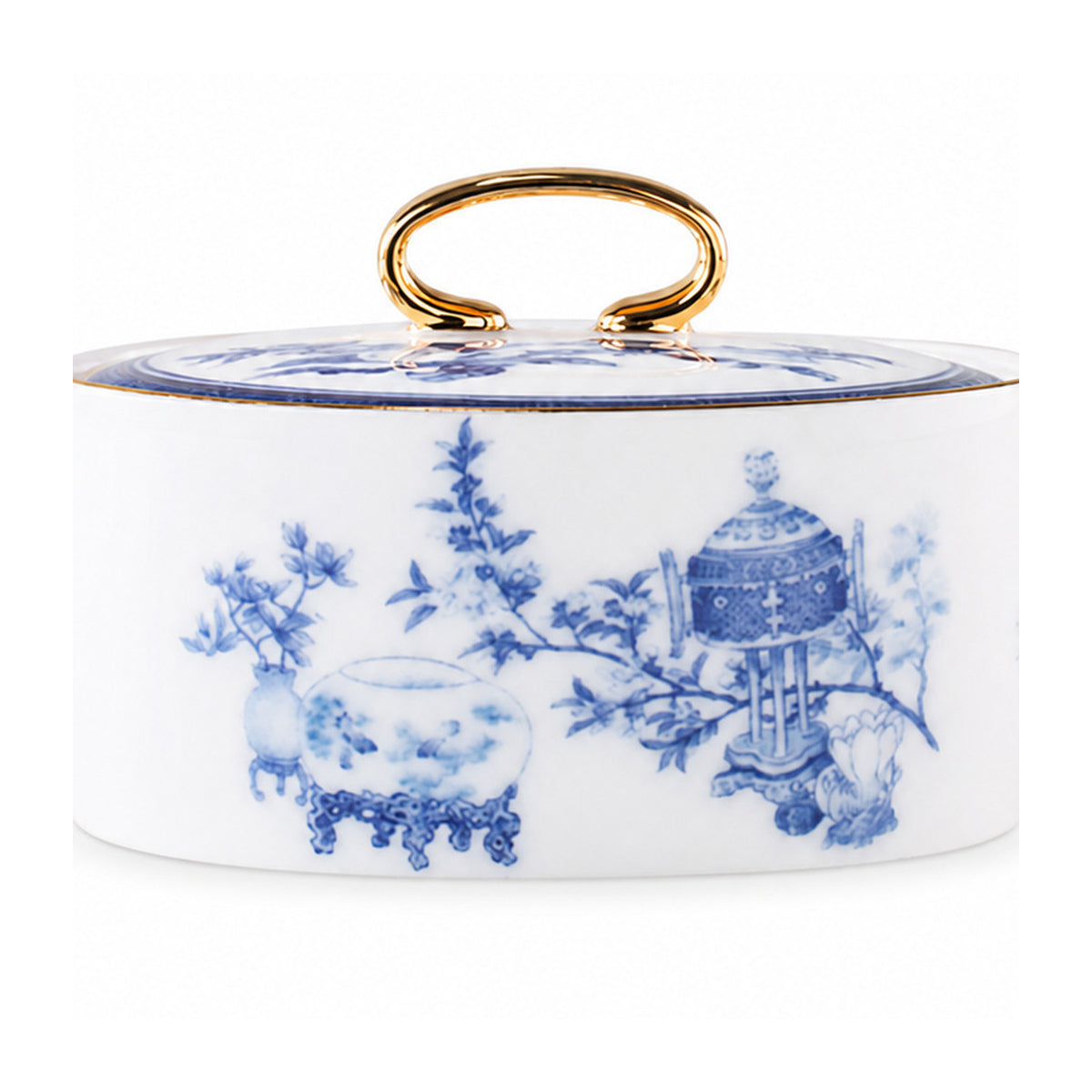 Close-up detail of the Golden Harmony sugar jar decoration and gold-tone handle
