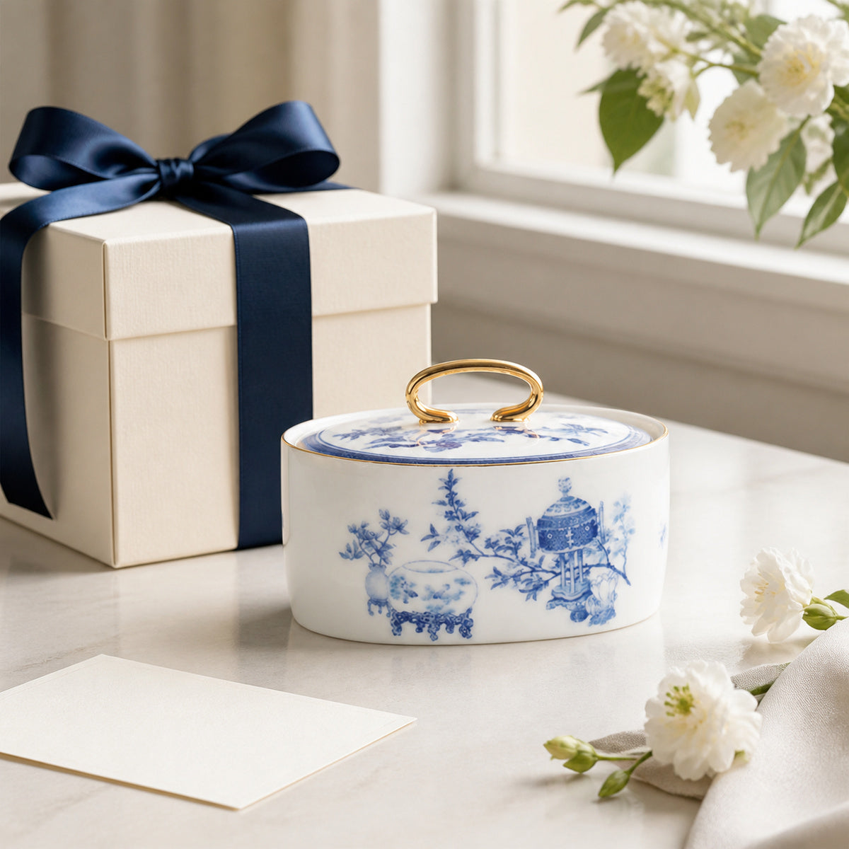 Golden Harmony sugar jar styled as a thoughtful porcelain gift