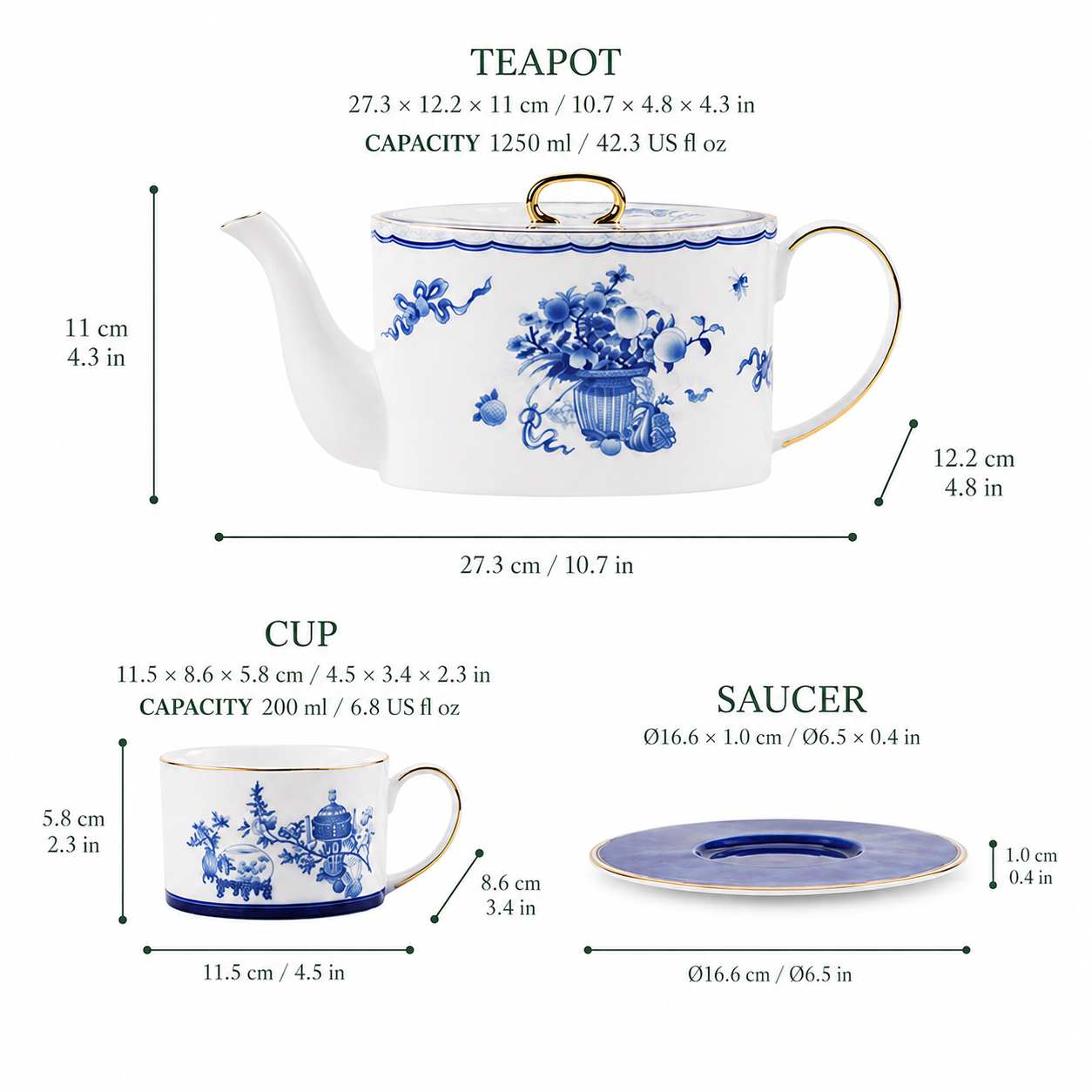 Golden Harmony teapot cup and saucer dimensions