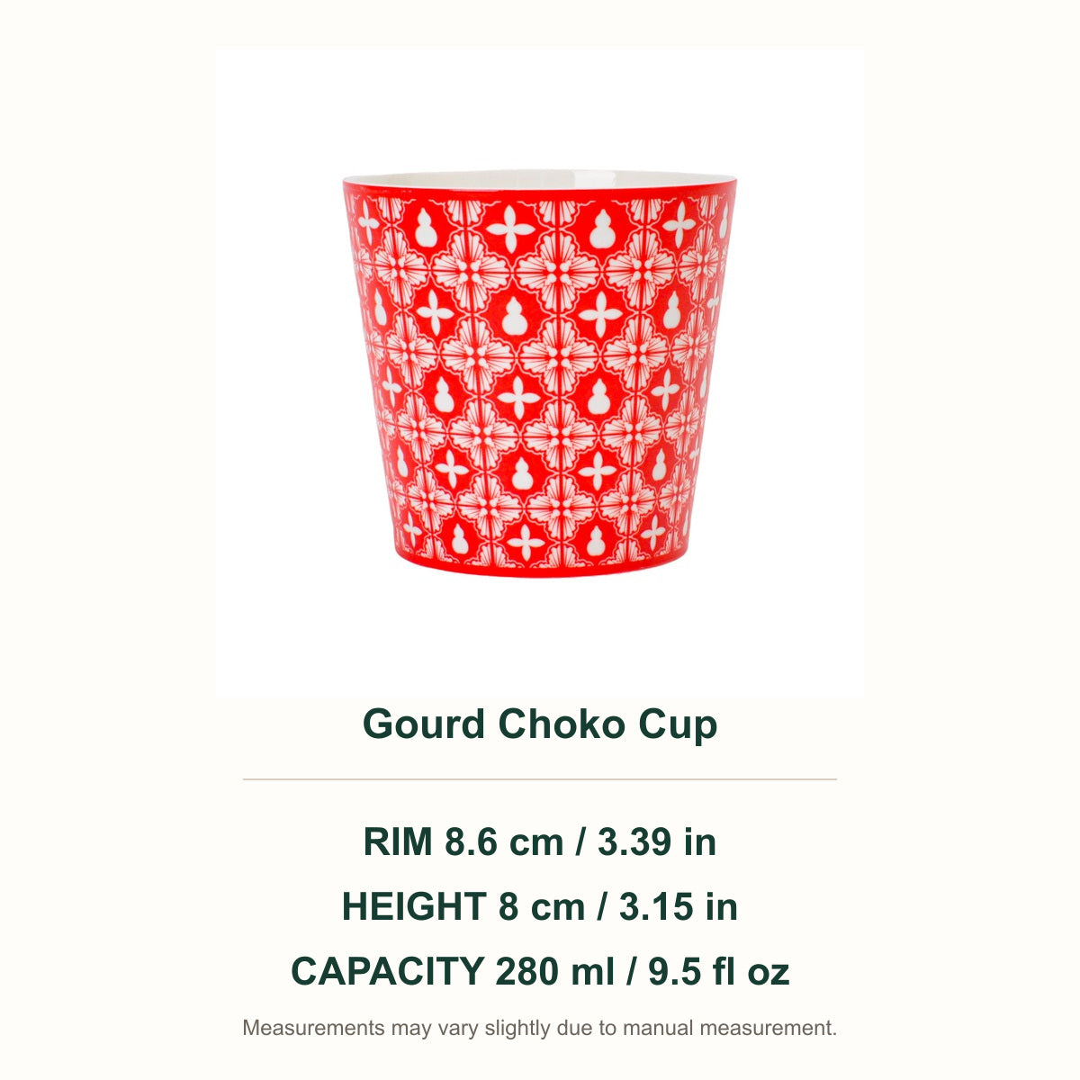 Gourd Choko Cup dimensions — 8.6 cm rim, 8 cm height, 280 ml