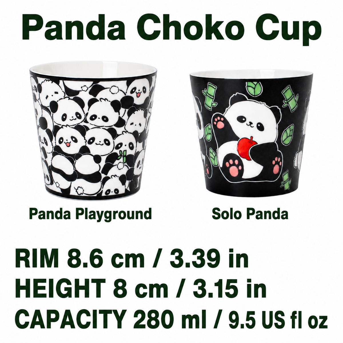 Panda Choko Cup dimensions — rim 8.6 cm, height 8 cm, capacity 280 ml