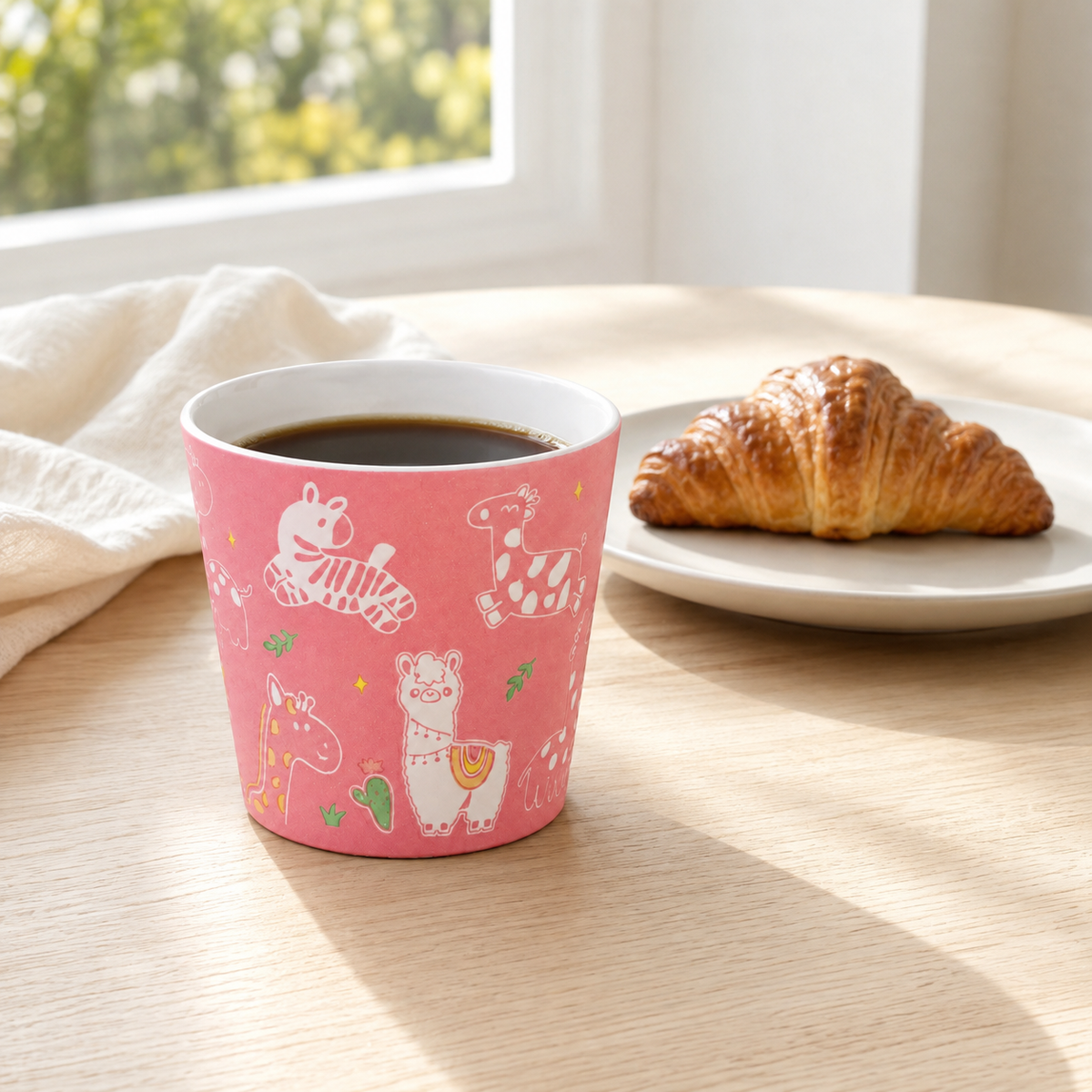 Pink Zoo Choko Cup — coffee at breakfast; AI-styled scene