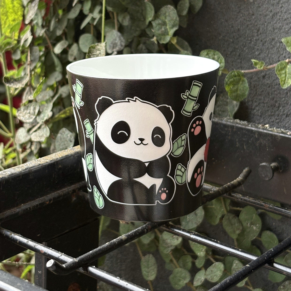 Solo Panda Choko Cup — real cafe setting, bamboo and panda pattern